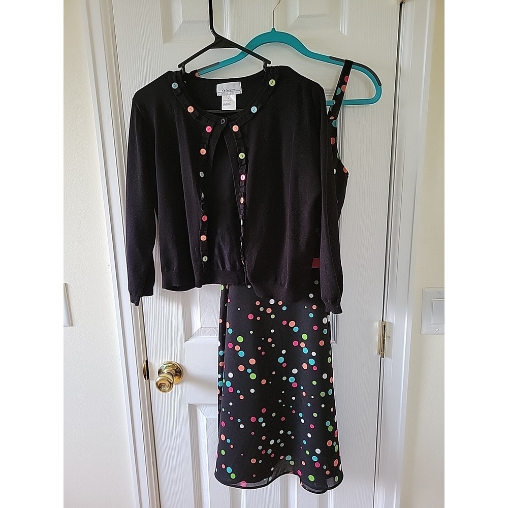 K & Company Dress With Sweater Size 8‎ Black Multicolor Polka Dot 3/4 Sleeve